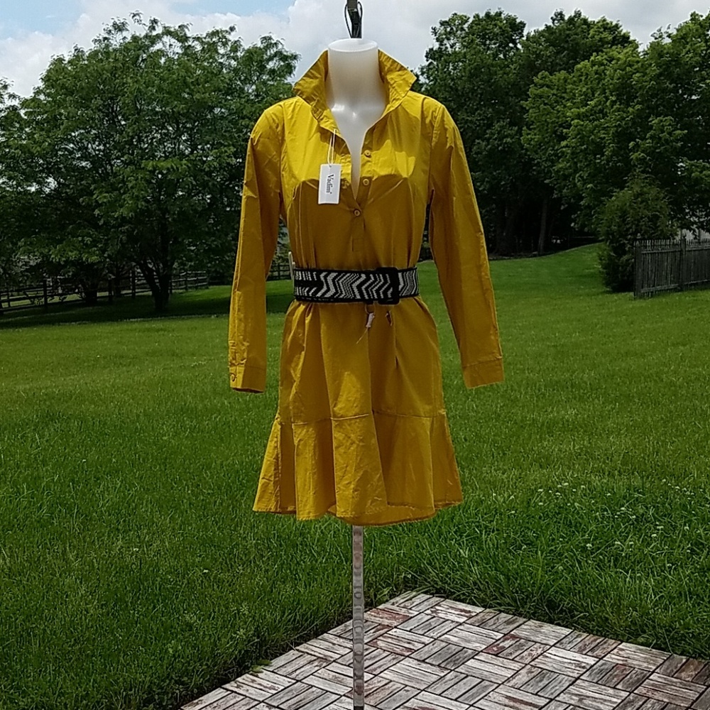 Yellow Cotton Shirt Dress with Ruffled hem Size L